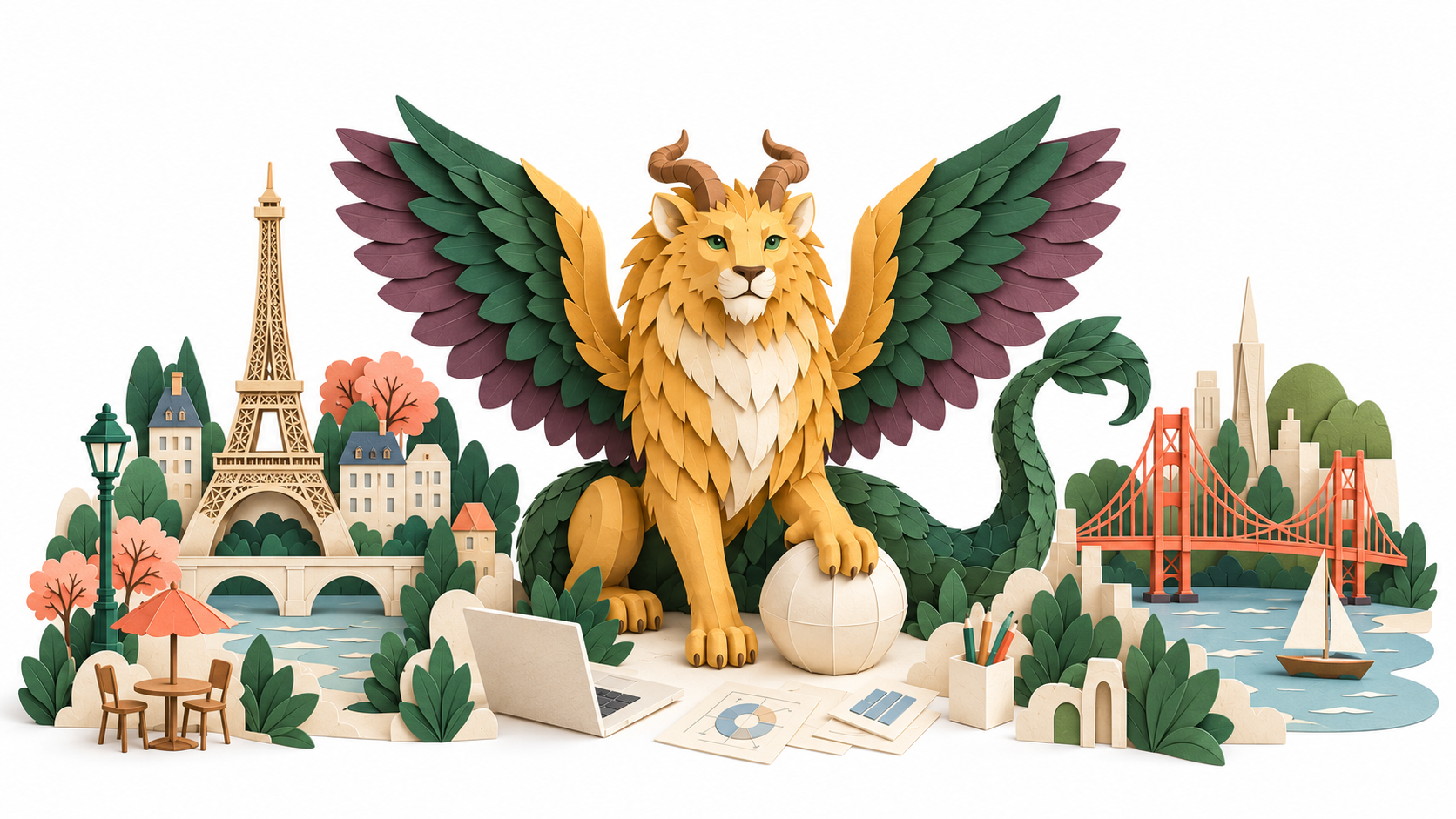 A golden paper chimera, with green and plum wings, connects miniature Paris and San Francisco.